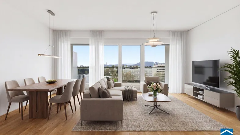 Helles Wohn- und Esszimmer mit Holzboden, modernen Möbeln und Zugang zu einem Balkon.