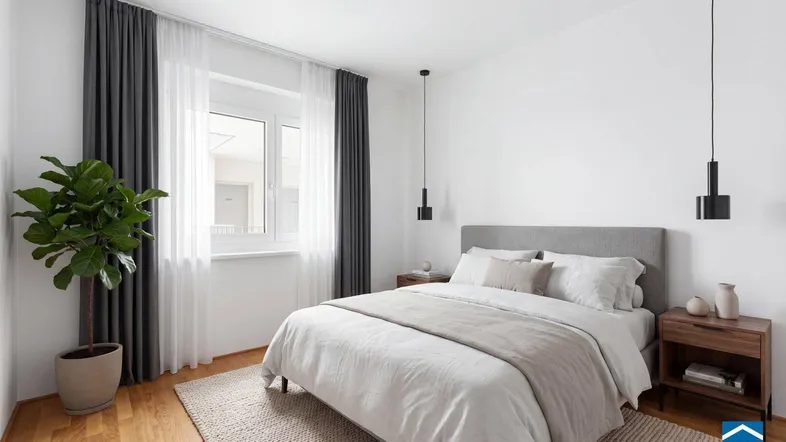 Helles Schlafzimmer mit Holzboden, modernen Möbeln und großen Fenstern für viel Tageslicht.