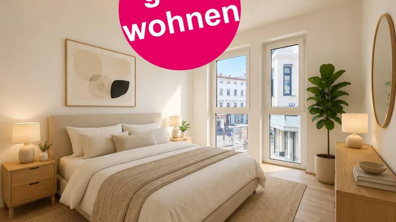 Helles Schlafzimmer mit großen Fenstern, modernem Bett und Nachttischen, sowie einem Teppichboden.