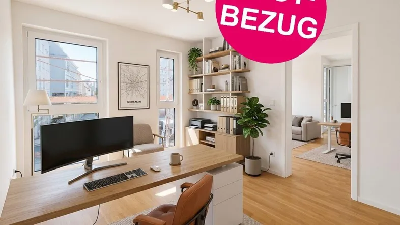 Helles Büro mit Holzboden, großem Schreibtisch und Blick auf die Stadt.
