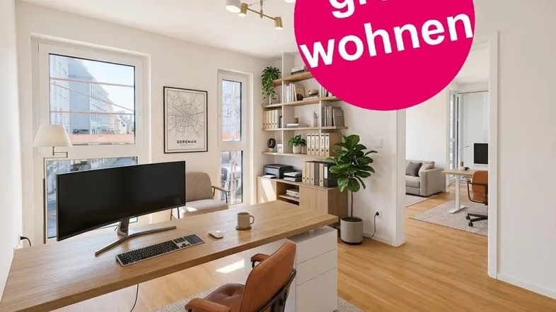 Helles Büro mit modernem Schreibtisch, Regalen und Blick in einen weiteren Wohnbereich.