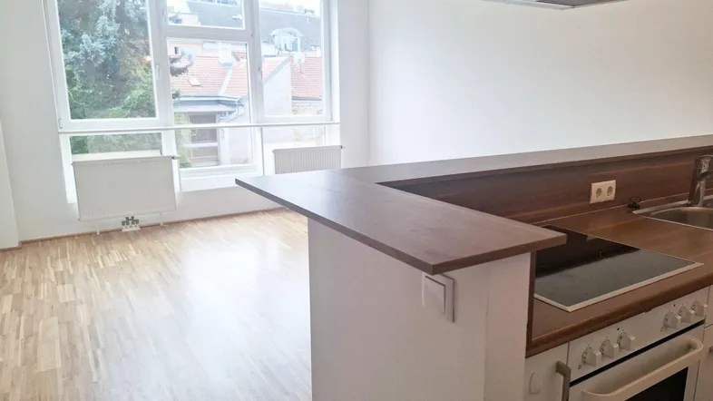 Moderne Küche mit Kochinsel und Frühstücksbar, offen zum hellen Wohnbereich mit großen Fenstern.