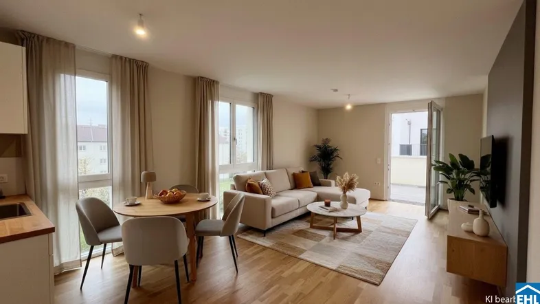 Heller, offener Wohn- und Essbereich mit Holzboden, großen Fenstern und Zugang zum Balkon.