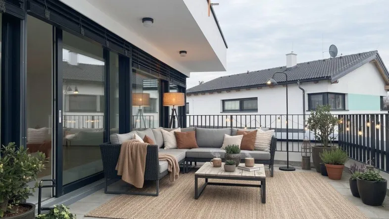 Geräumige Terrasse mit bequemen Loungemöbeln, Teppich und Blick auf die Umgebung.