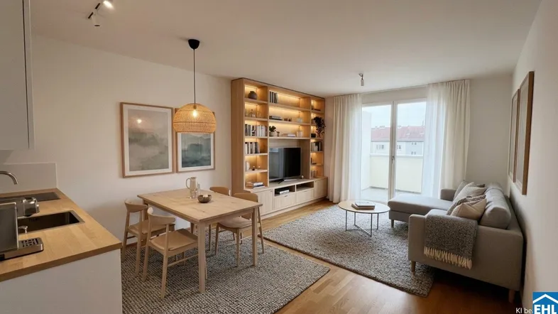 Heller offener Wohn- und Essbereich mit integrierter Küche, Holzboden und Zugang zum Balkon.