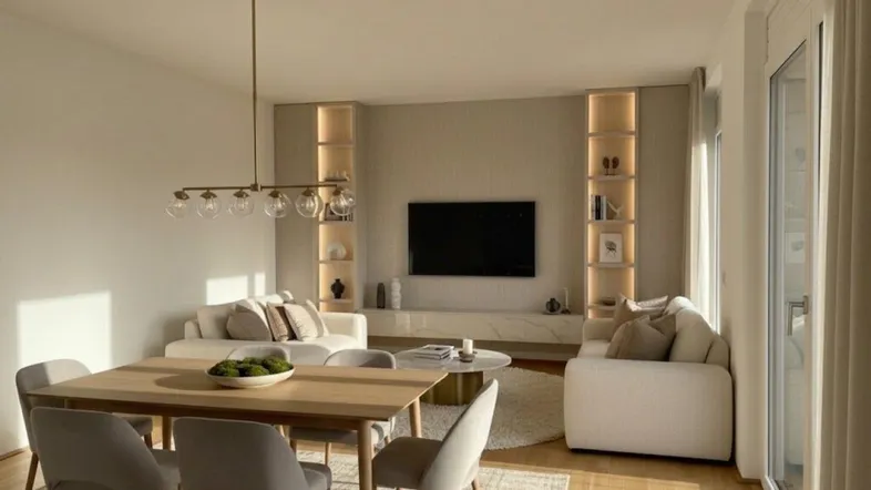 Helles, modern eingerichtetes Wohn-Esszimmer mit Holzboden und direktem Zugang zum Balkon.