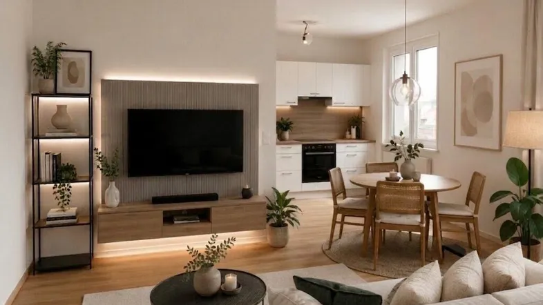 Moderner offener Wohn- und Essbereich mit integrierter Küche und stilvoller TV-Wand.
