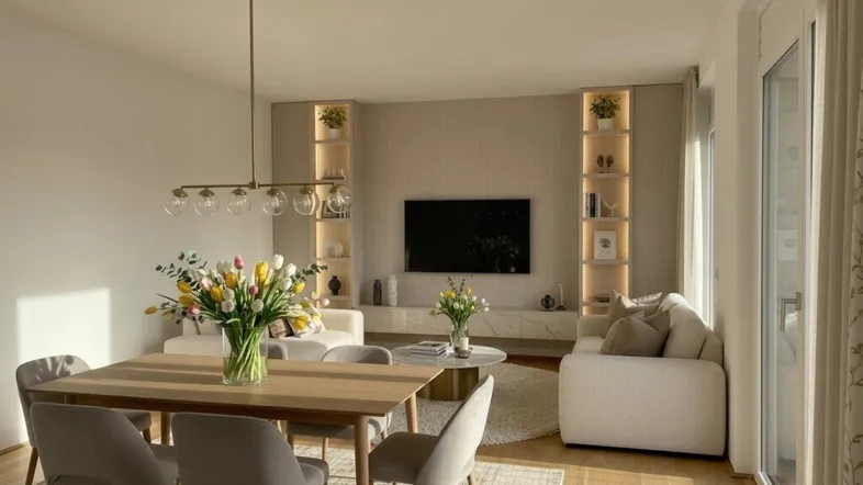 Heller, offener Wohn- und Essbereich mit modernem Design, Holzboden und Zugang zum Balkon.