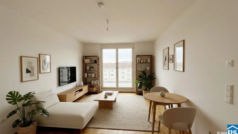 Helles Wohnzimmer mit Holzboden, modernen Möbeln und Blick auf die Stadt.
