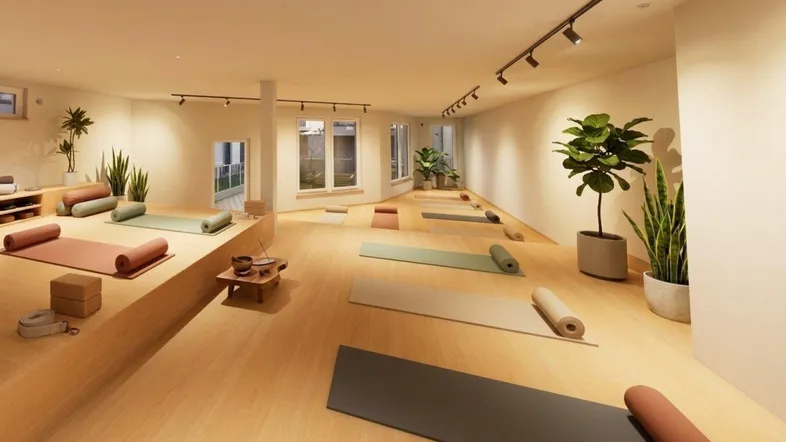 Heller und geräumiger Yogaraum mit Holzboden, großen Fenstern und moderner Beleuchtung, ideal für Kurse.