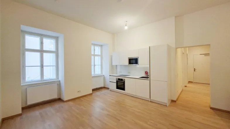Heller offener Wohnbereich mit integrierter moderner Küchenzeile und Parkettboden, ideal für urbanes Wohnen.