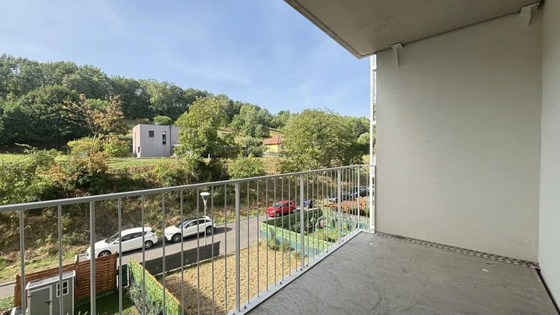 Balkon mit Blick auf die grüne Umgebung, die Straße und umliegende Häuser.