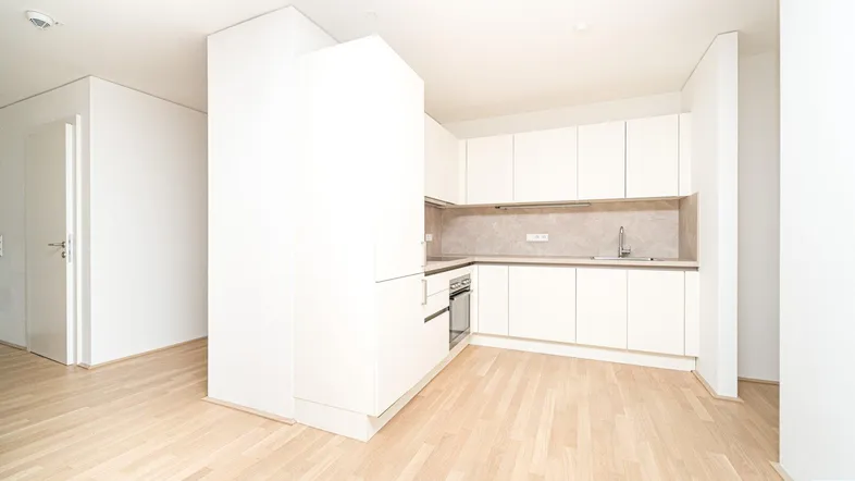 Moderne Einbauküche mit hellen Schränken, integriertem Backofen und hellem Holzfußboden in einem offenen Wohnbereich.