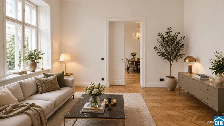 Helles Wohnzimmer mit elegantem Sofa, Marmor-Couchtisch und Fischgrätparkett, das in den Essbereich führt.