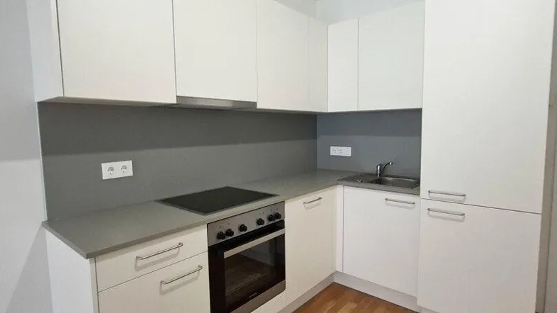 Moderne Einbauküche mit weißen Schränken, grauer Arbeitsplatte und integrierten Geräten.