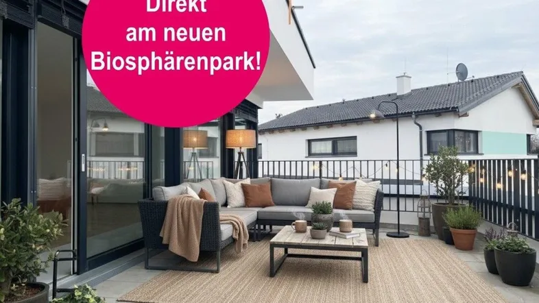 Geräumige Terrasse mit moderner Lounge-Möblierung, Pflanzen und Blick auf die Umgebung.