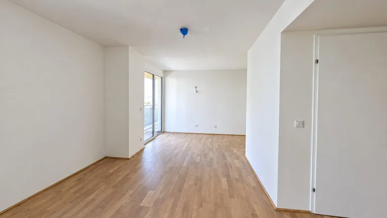 Helles, leeres Wohnzimmer mit Parkettboden und Zugang zu einem Balkon.