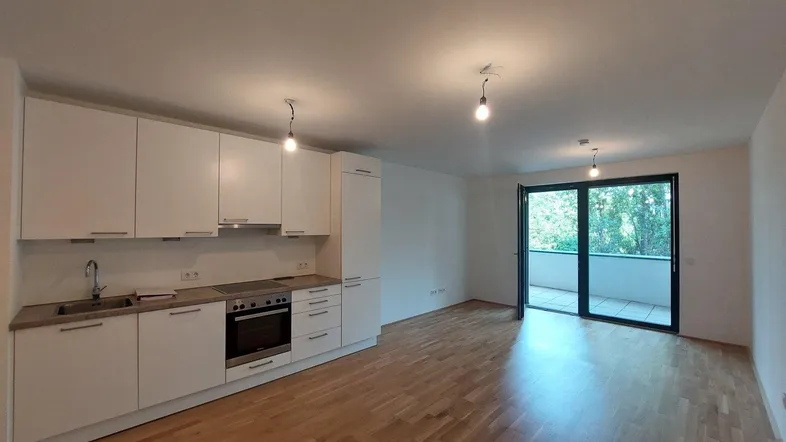 Heller offener Wohnbereich mit integrierter Küche, Parkettboden und Zugang zum Balkon.