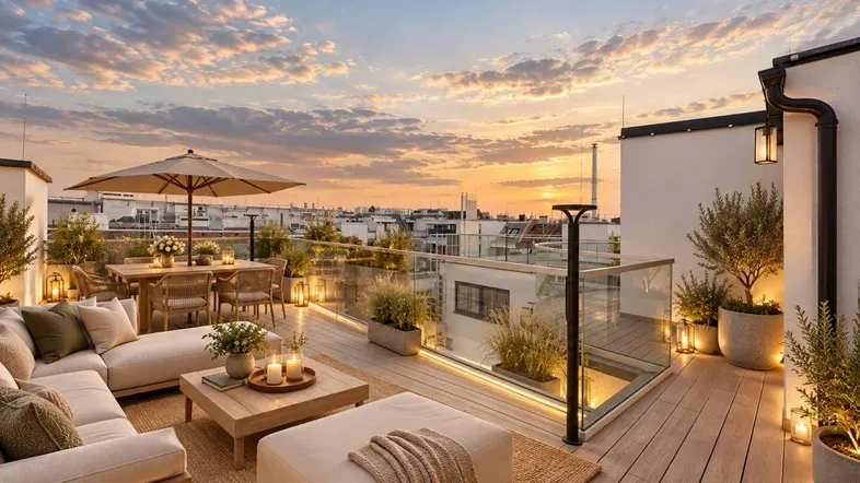 Geräumige Dachterrasse mit stilvollen Loungemöbeln, Essbereich und Panoramablick über die Stadt bei Sonnenuntergang.