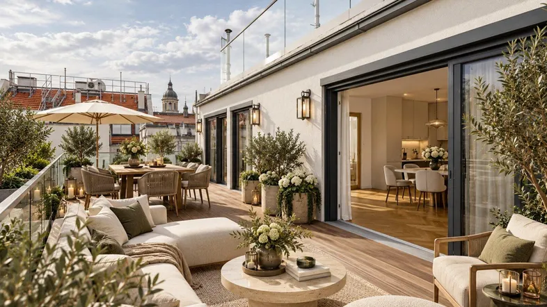 Geräumige Dachterrasse mit Essbereich, Lounge-Möbeln und Blick über die Stadt.