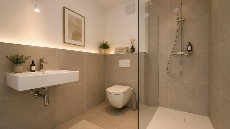 Modernes Badezimmer mit begehbarer Dusche, Wand-WC und eleganten beigefarbenen Fliesen.