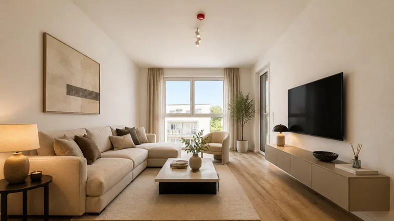 Modernes Wohnzimmer mit hellem Ecksofa, Holzboden und großen Fenstern mit Blick ins Grüne.