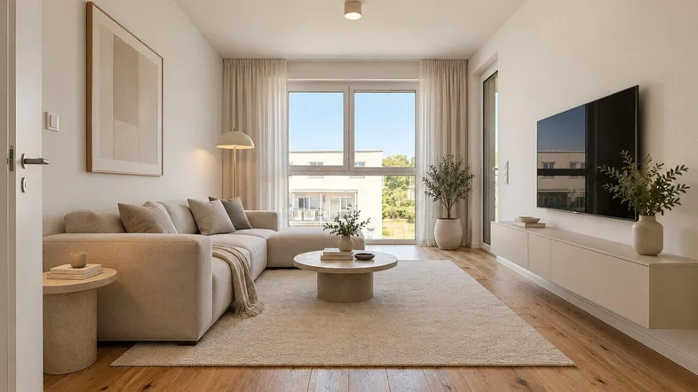 Helles Wohnzimmer mit modernem Sofa, Holzboden und Zugang zu einem Balkon.