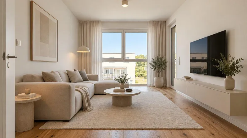 Helles und modern eingerichtetes Wohnzimmer mit Holzboden, großem Fenster und Zugang zu einem Außenbereich.