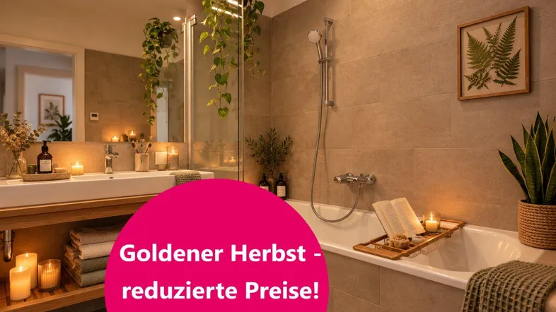 Modernes Badezimmer mit Badewanne, Doppelwaschbecken und Pflanzen, beleuchtet von Kerzenlicht.