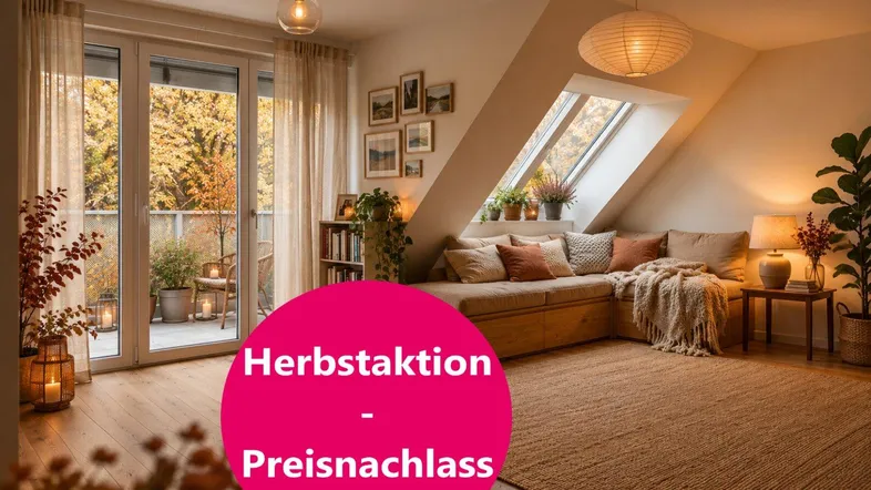 Gemütliches Wohnzimmer mit Holzboden, Dachschrägen und Zugang zu einem Balkon.