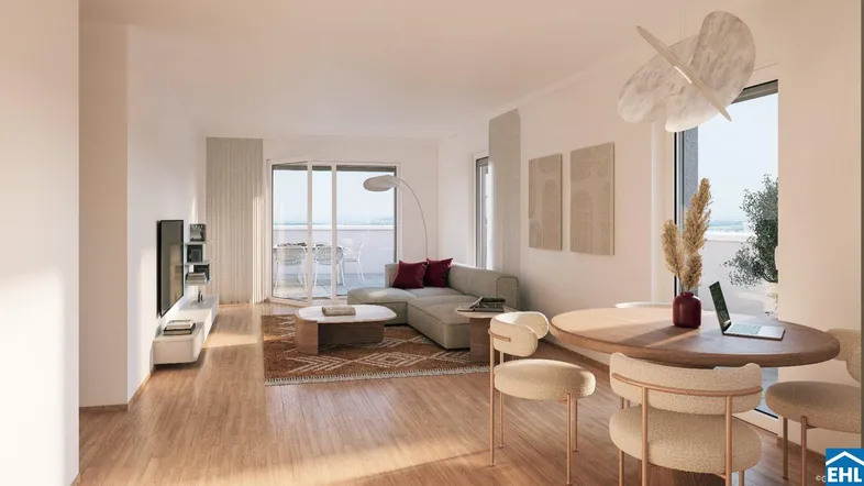Helles, modern eingerichtetes Wohn-Esszimmer mit Holzboden und Zugang zu einem Balkon.