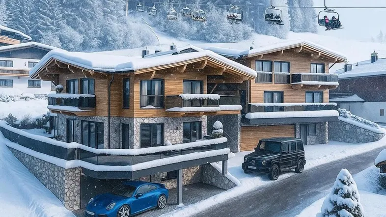 Moderne Chalets in verschneiter Berglandschaft mit Skiliften im Hintergrund und integrierten Garagen.