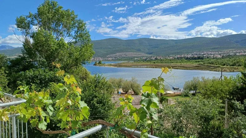 Blick vom Balkon auf den See, umgeben von grüner Landschaft und Bergen unter blauem Himmel.