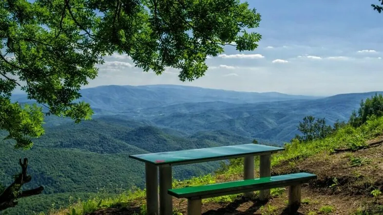 Picknickplatz mit Tisch und Bank bietet einen weiten Blick über die grüne Berglandschaft unter blauem Himmel.