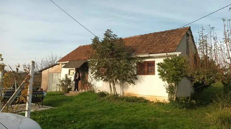 Ländliches Haus mit weißer Fassade, braunem Ziegeldach und umgebender Vegetation.
