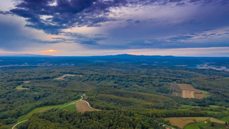 Weitläufige Luftaufnahme einer bewaldeten und landwirtschaftlich genutzten Landschaft mit Bergen im Hintergrund bei Sonnenuntergang.