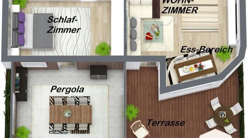 Detaillierter Grundriss mit Wohnzimmer, Schlafzimmer, Kinderzimmer, Bad, Küche und Gartenbereich.