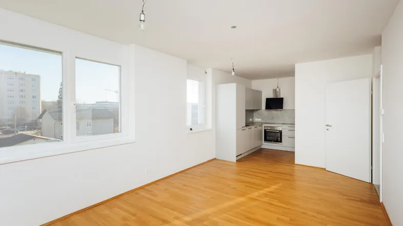 Heller offener Wohnbereich mit integrierter Küche und Parkettboden, ideal für modernes Wohnen.