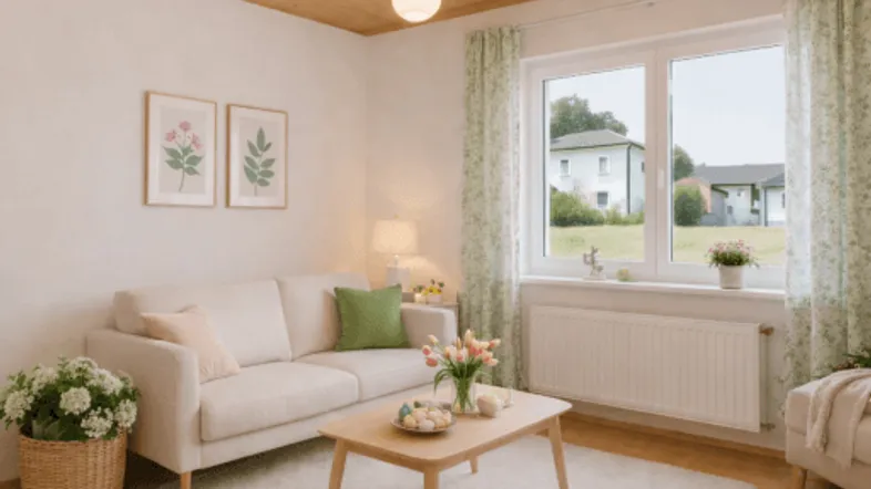 Gemütliches Wohnzimmer mit hellem Sofa, Holzbalkendecke und großem Fenster mit Blick ins Grüne.