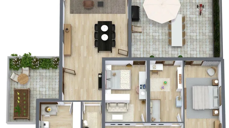 Detaillierter Grundriss mit möblierten Wohnbereichen, drei Schlafzimmern und zwei Terrassen.