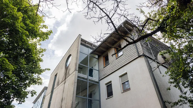 Gebäudefassade mit moderner Glasfront und traditionellen Holzelementen, umgeben von Bäumen.