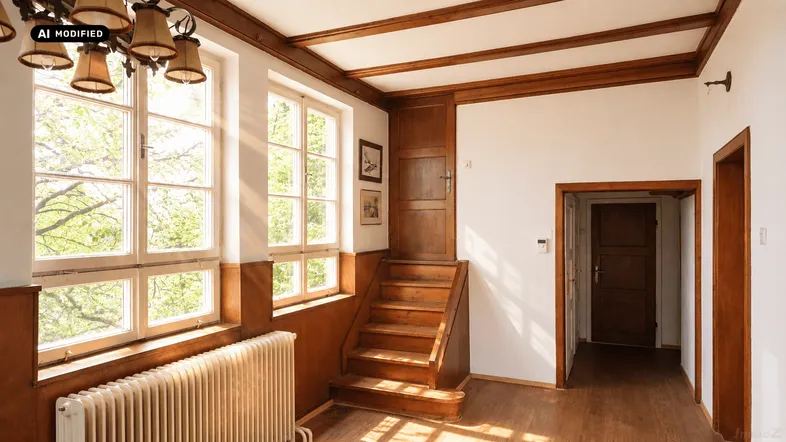 Helle Diele mit Holztreppe, hohen Fenstern und sichtbaren Deckenbalken.