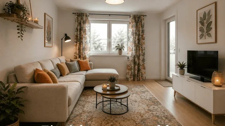 Gemütliches Wohnzimmer mit beigem Ecksofa, Holzboden und Zugang zu einem Balkon, hell und modern eingerichtet.