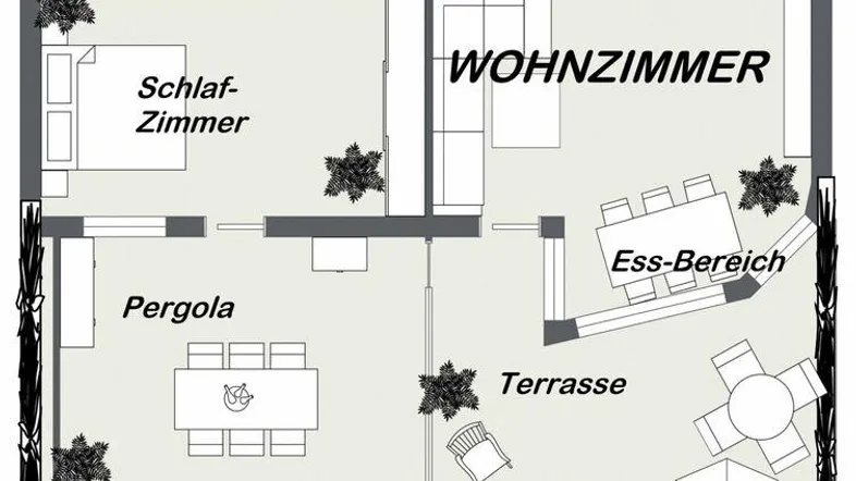Detaillierter Grundriss mit Wohnzimmer, Küche, Schlafzimmer, Bad, Terrasse und Gartenbereich.