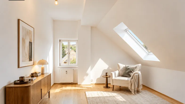 Helles Wohnzimmer im Dachgeschoss mit Dachfenster, Holzboden und gemütlichem Sessel.