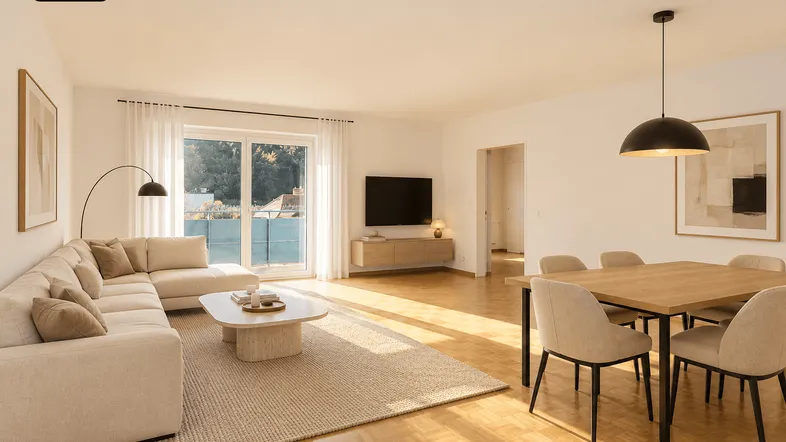 Helles, modern eingerichtetes Wohn-Esszimmer mit Parkettboden und Zugang zum Balkon.