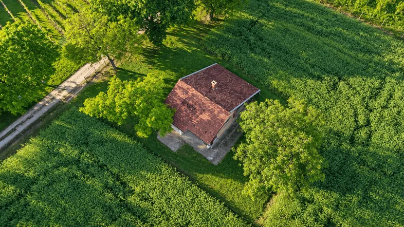 Luftaufnahme eines kleinen Hauses mit rotem Ziegeldach, umgeben von grünen Feldern und Bäumen, mit einem Weinberg im Hintergrund.