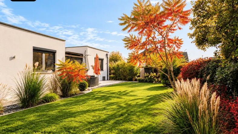Gepflegter Garten mit Rasenfläche, herbstlichen Pflanzen und moderner Hausfassade unter blauem Himmel.
