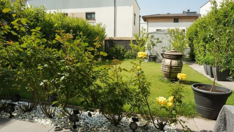 Gepflegter Gartenbereich mit Rasenfläche, blühenden Rosenbüschen und dekorativen Elementen im Freien.