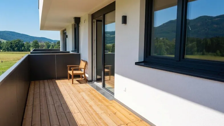 Geräumiger Balkon mit Holzboden, einem Stuhl und weitem Blick auf die umliegende Berglandschaft.